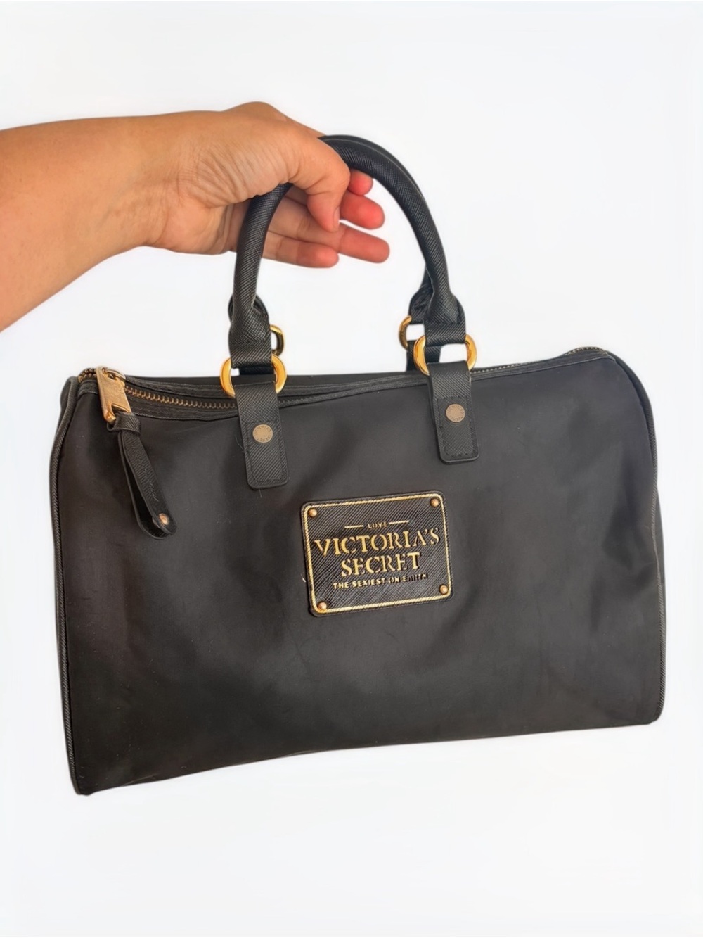 Vintage Victoria's Secret Black Nylon Barrel 
Bag Y2K Mini Duffle Satchel